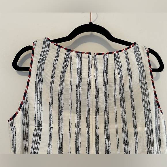 Paule Ka white shift midi dress w/ navy lines + colored trim - 42 (FR)/ US 8/10 - Picture 4 of 9